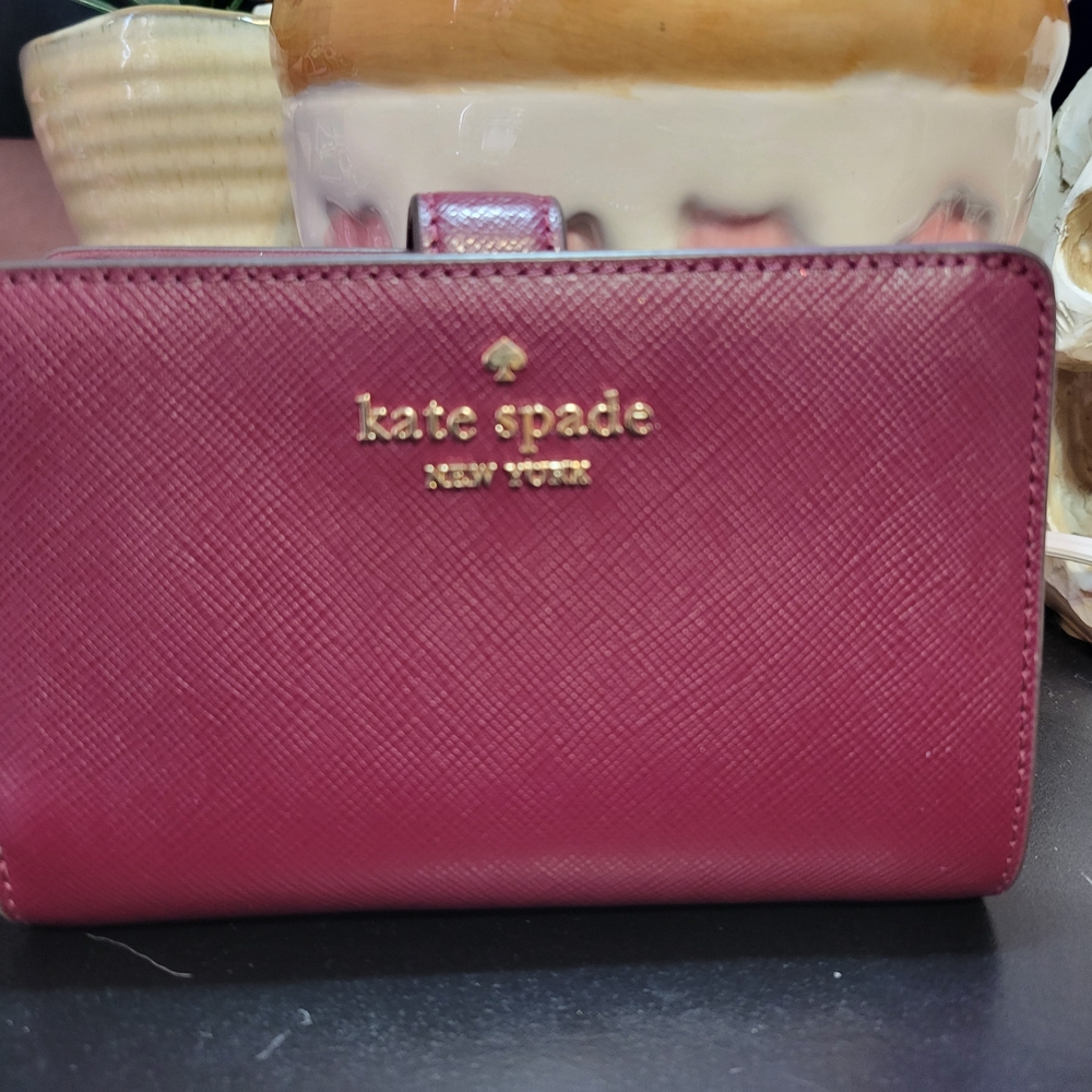 kate spade berry textured leather compact wallet with gold logo Staci Wallet